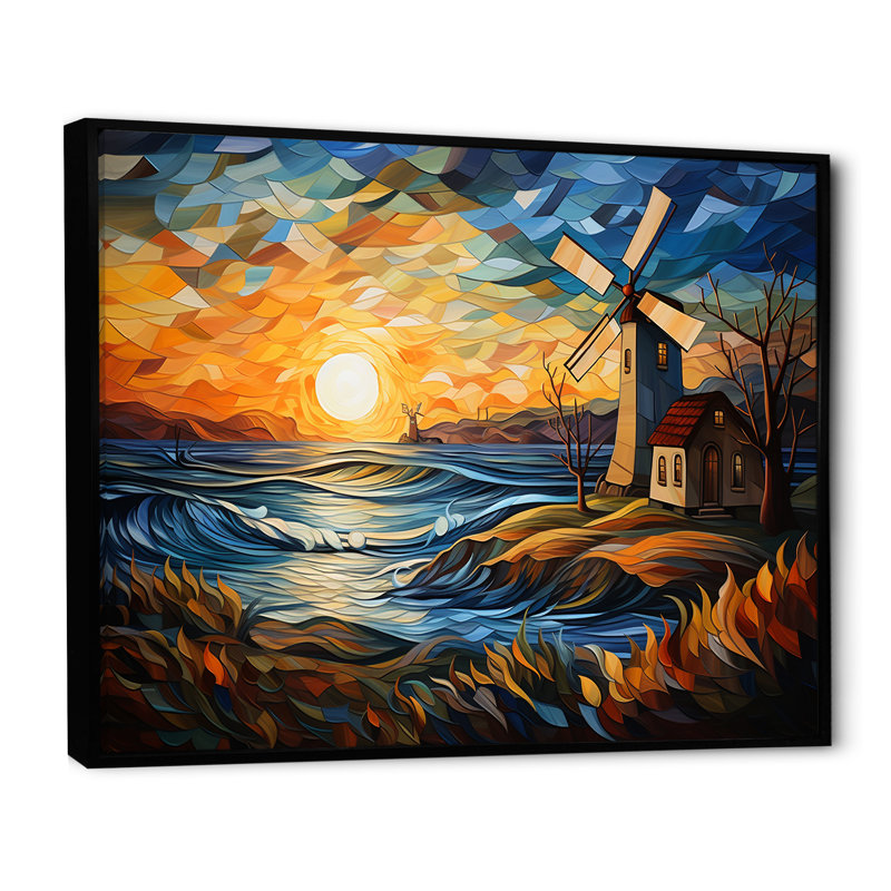 Windmill Sunset Coastal Breeze I - Wind Turbines, art mural, Cadre flottant noir, H 30 po x l 40 po x P 1,5 po