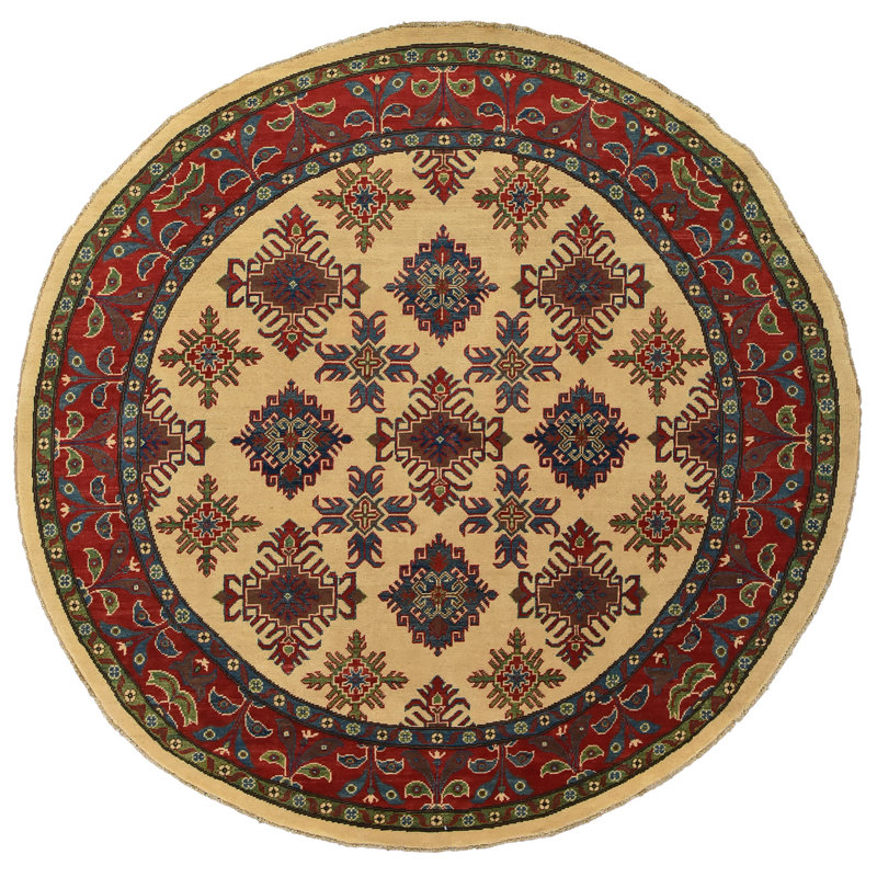Tapis décoratif en laine ronde beige/rouge de conception unique 6 pi 8 po x 6 pi 6 po Kazak noué à la main
