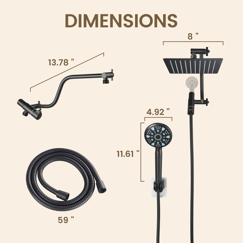 Pommes de douche 8 pouces avec douchette à 8 réglages et bras courbé réglable noir mat mat, Noir mat