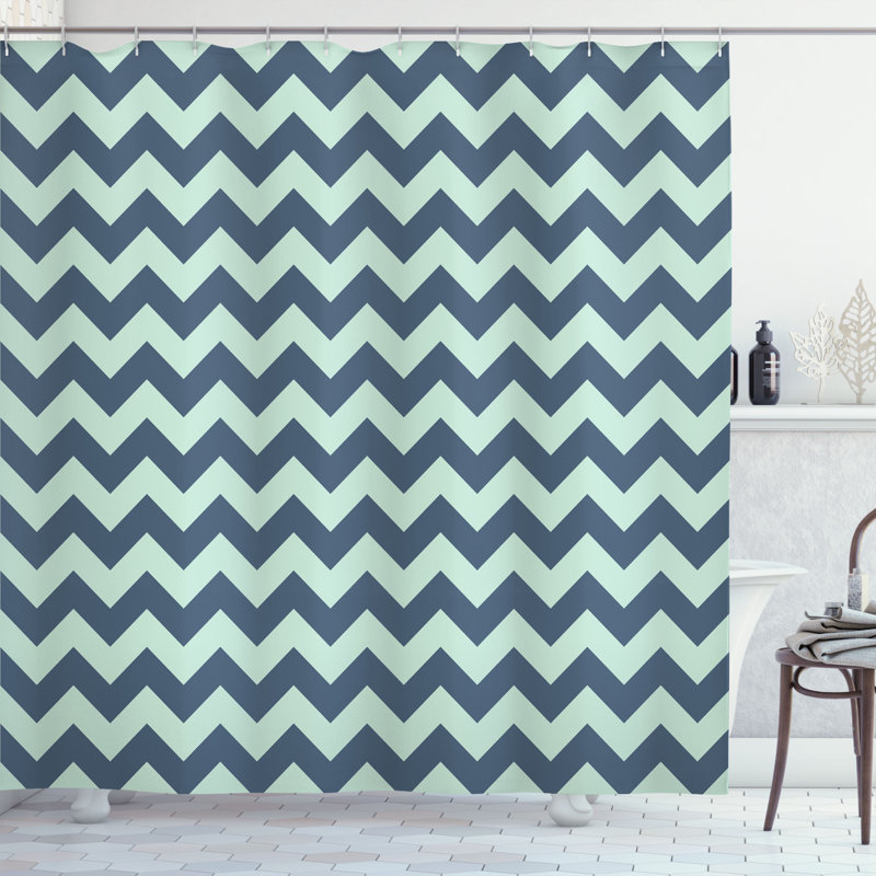 Chevron Shower Curtain with Hooks Included, 70" H x 69" W, White Gray