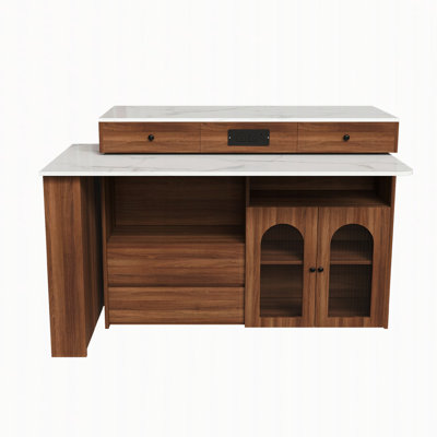 Kitchen Island with Extendable Rotating Table, 4 Drawers, Glass Door Cabinets, and Built-in Socket