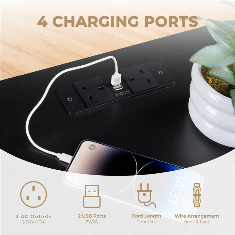 Soraia Bedside Table with 4 Charging Ports, Black