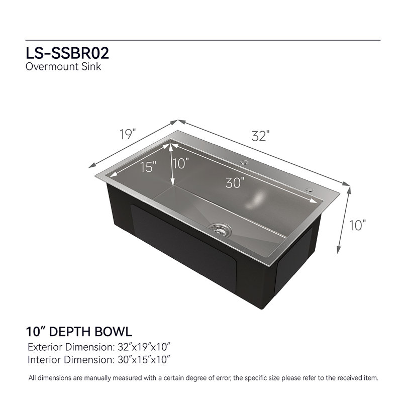 Évier de cuisine en acier inoxydable, lavabo simple sur pied en nickel brossé 32 po x 19 po, avec drain et crochet standard américain, LS-SSBR02