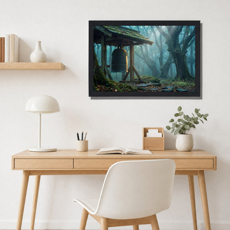Cloche de temple en bronze dans une forêt brumeuse - Tableau sur toile, 12"H x 18"W