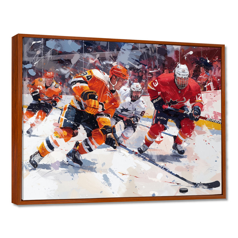 Hockey joueurs pendant les séries éliminatoires I - impression d'art mural de hockey sportif, Toile avec cadre flottant brun