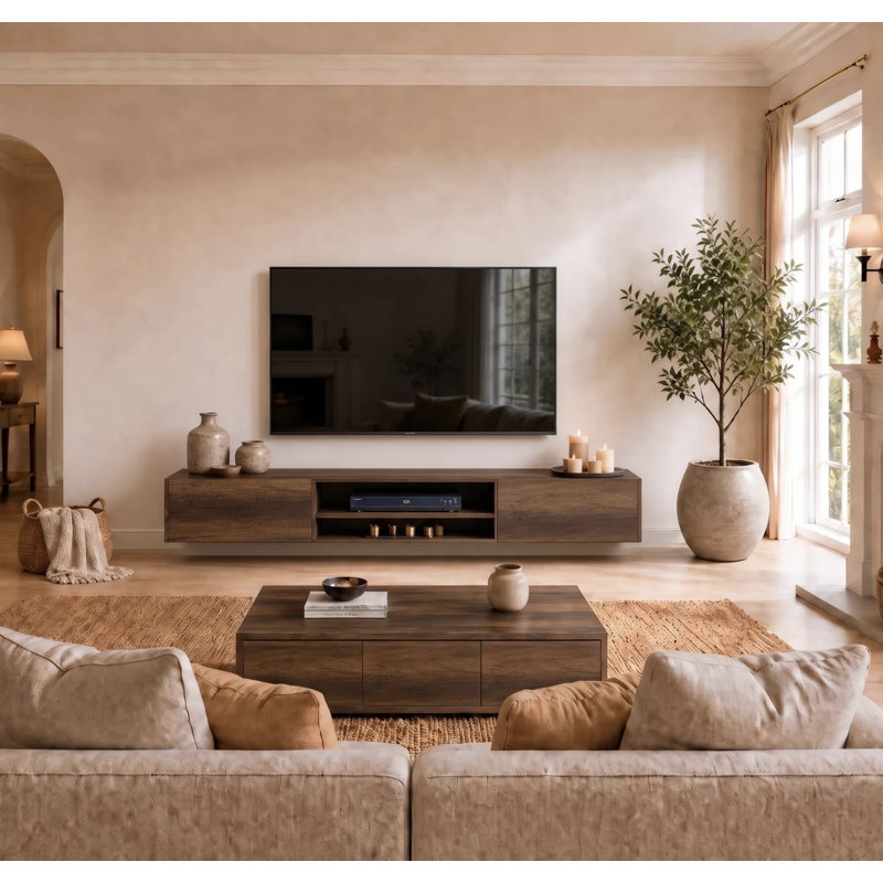 Desmone Modern Floating TV Stand for Up to 80" TVs, Minimalist Wall-Mounted Media Console with Storage, Walnut Brown Wood Finish 