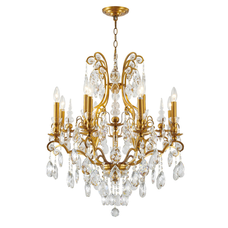 Lustre traditionnel en laiton antique 13 lumières avec cristal, Laiton antique