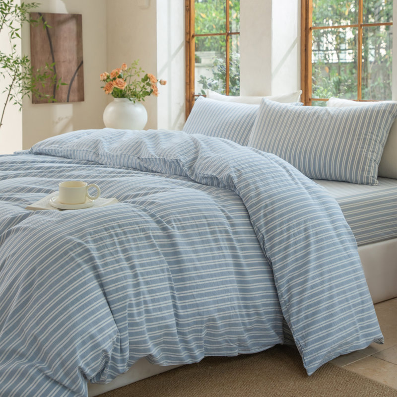 Ensemble de housse de couette à rayures XINMIANFANG, Housse de couette grand et 2 taies d'oreiller stan, Bleu / blanc