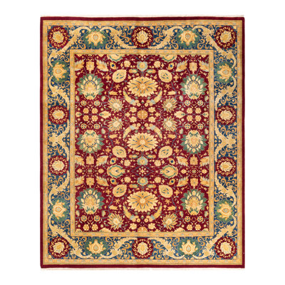 Tapis unique noué à la main Keenan - bourgogne, 8 pi 1 po x 9 pi 10 po