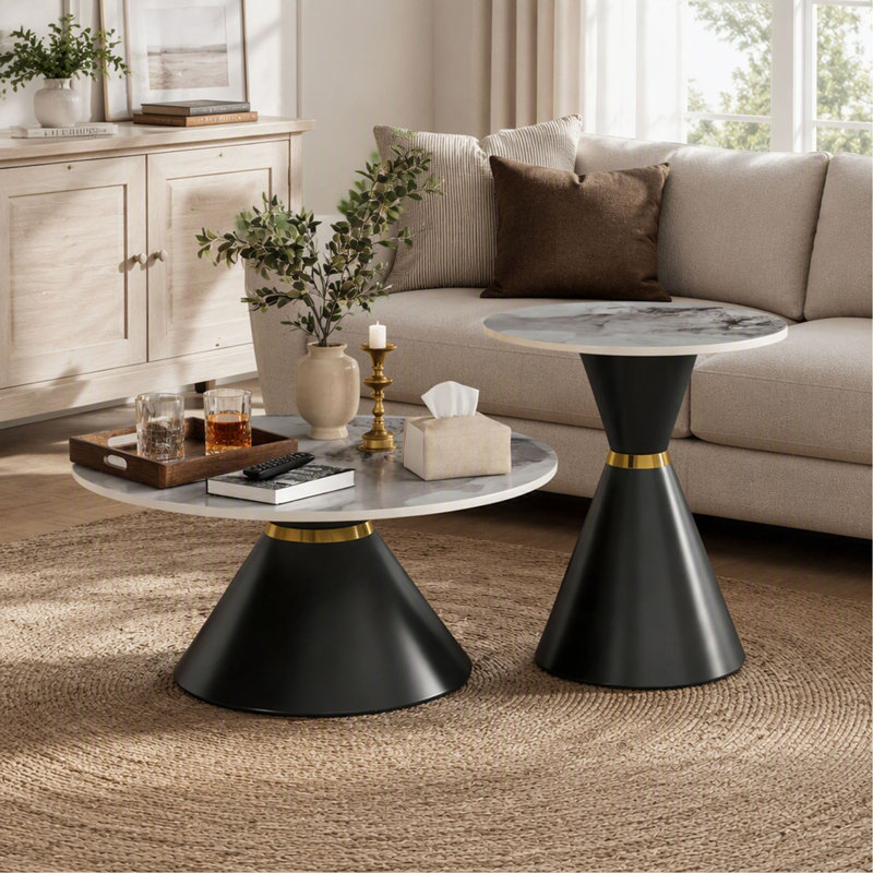Ensemble de 2 tables basses gigognes - Plateau rond - Pierre frittée - Base piédestal noire - Anneau décoratif doré - Luxe moderne