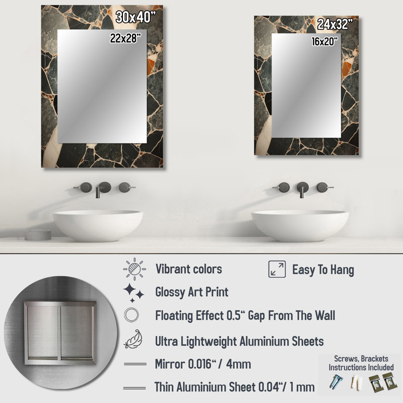 Gris abstrait Harmony In Tiles I - grand miroir mural, miroir unique gris, impression d'art en métal, 32 po x 24 po
