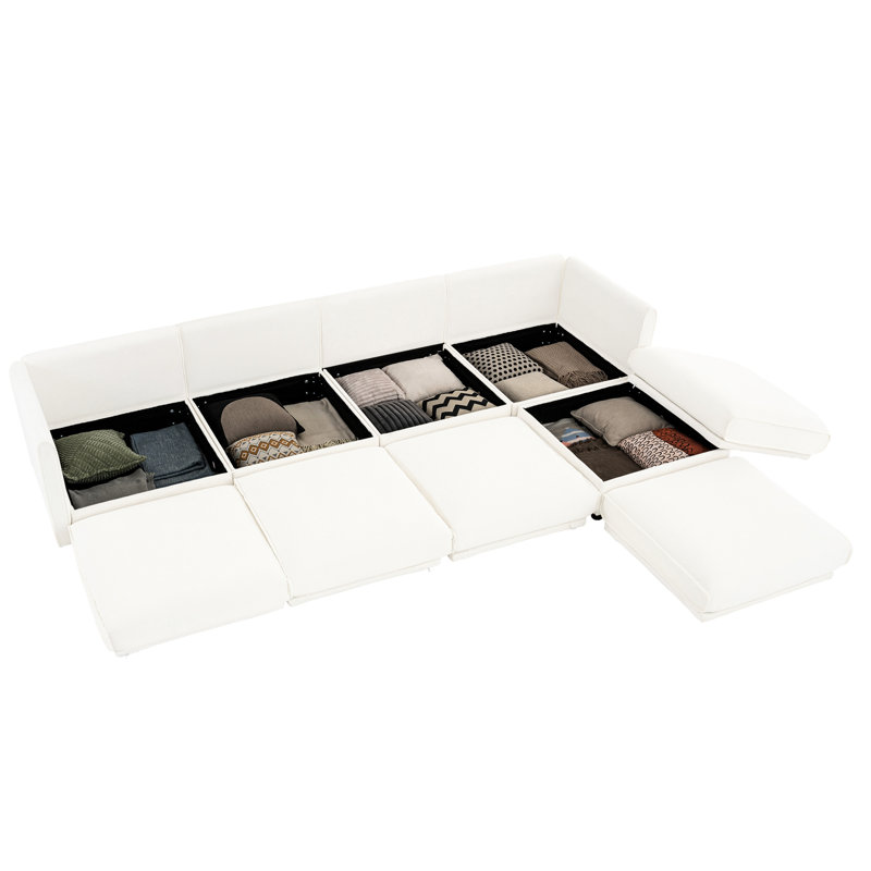 Canapé modulaire en chenille blanc à 4 places en forme de L, rangement, cylindrique, H 27,9 po x l 142,5 po x P 37,4 po