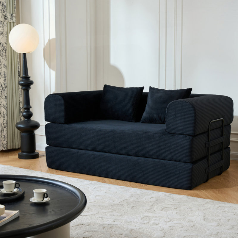 Convertible Sleeper Sofa Bed with Cylindrical Pillow, Corduroy Folding Floor Lounge Couch, Fixed-Shape Metal Frame Compressed Sofa for Living Room Bedroom