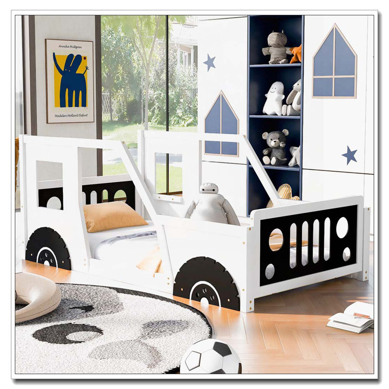 Car-Shaped Platform Bed with Wheels, White