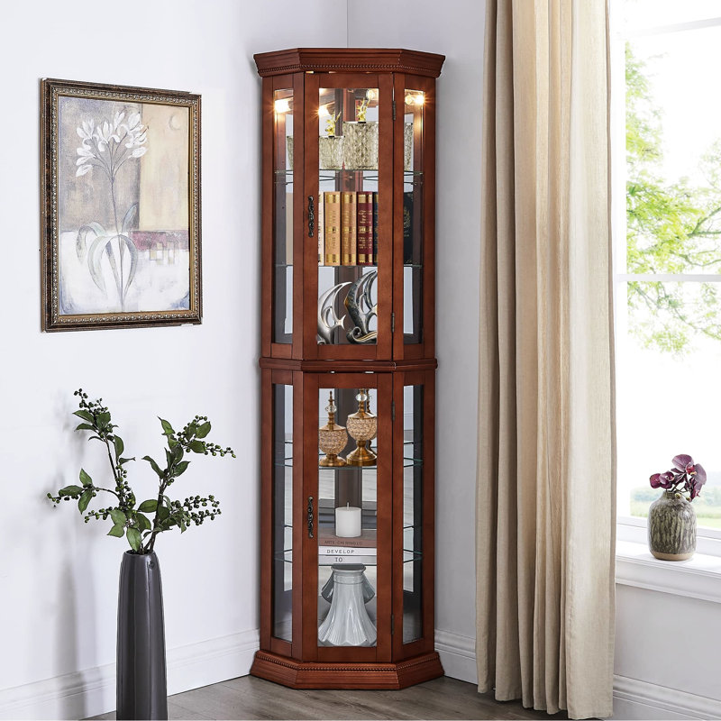 Fabuleuse vitrine ajustable avec tablette ajustable, dossier en miroir, montrer à votre héritage de magnifiques tablettes en noyer, présente des beaux-arts