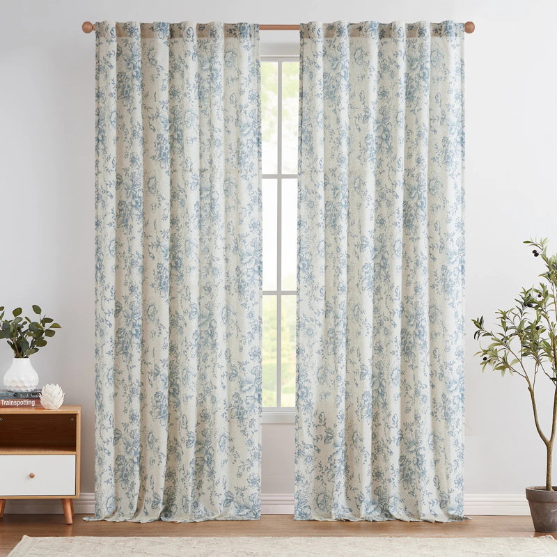 Ensemble de 2 panneaux de rideaux en lin 84 po avec pivoines bleues pour fenêtre et passe-tringle, Bleu