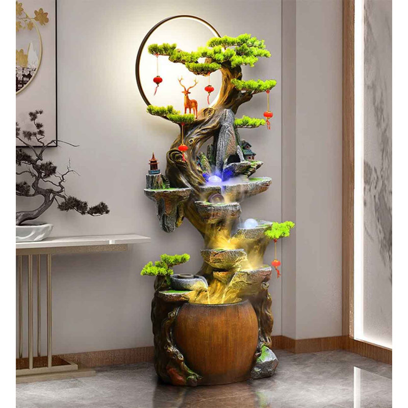 Fontaine de style chinois en résine de poudre de pierre, H 59,84 po x l 28,35 po x P 14,17 po