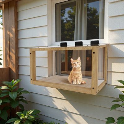 Waterproof Window Cat Perch Catio, Wood Cat Window Box, Window Catio For Indoor Cats. Suitable Single Hanging Window With An Inner Diameter Of The Window Frame With A Net Opening Width Of 24-35 In