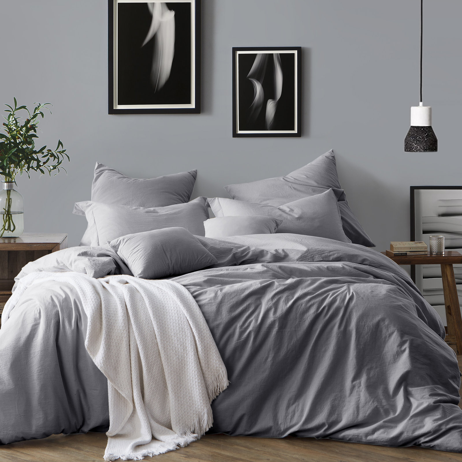 100% Cotton Crinkle Washed Duvet Cover Set, Full/Queen Duvet Cover + 2 Shams, Ash Gray