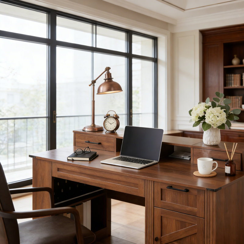 Dark Walnut Farmhouse Combo Desk – 55” Multi-Storage Workstation For Home Office & Study, Brown
