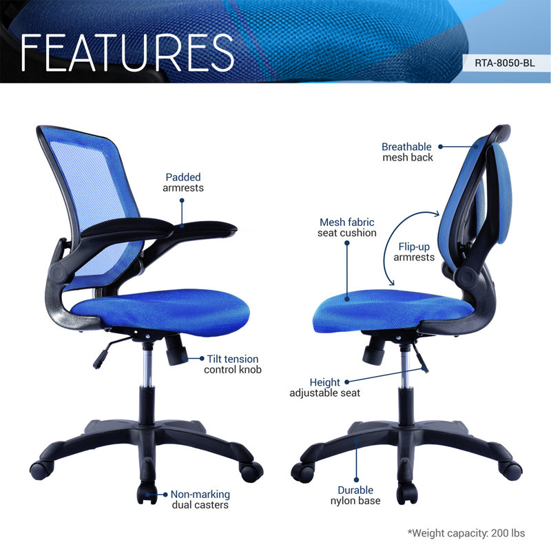 Techni Mobili Mesh Task Office Chair With Flip Up Arms, Blue