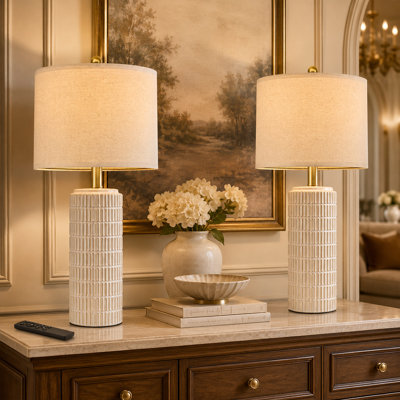 Modern Ceramic Table Lamps with Linen Shades Dimmable Farmhouse Bedside Desk Lamp Remote Control Bulb Include for Bedroom Living Room