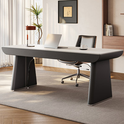 Black Rectangular Manufactured Wood Sintered Stone tabletop with 2 drawers desk