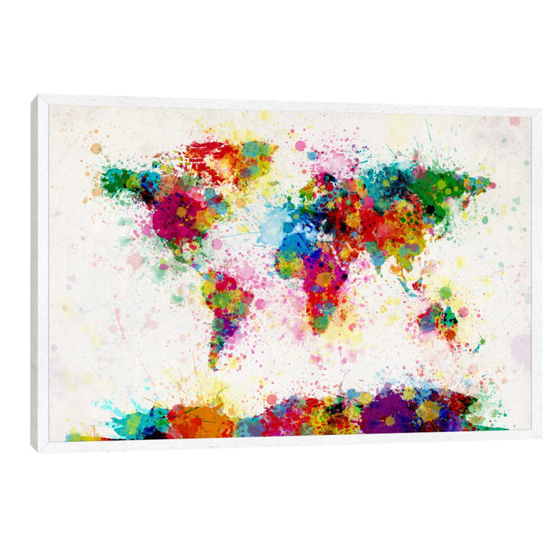 World Map Paint Drops III by Michael Tompsett - 1 Piece Painting on Canvas, 66.04 cm H x 45.72 cm W, White Framed