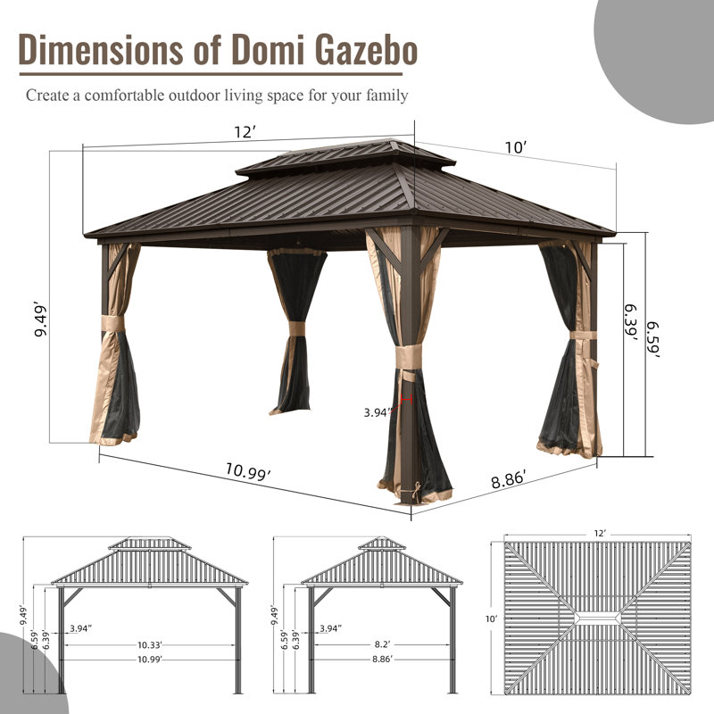 Pavillon de jardin en acier galvanisé avec double toit en pente, 12 pi x 10 pi, Brun