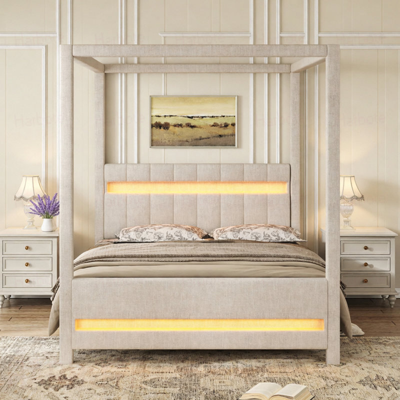 Grand lit plateforme à baldaquin tapissier avec lumières DEL et tête de lit