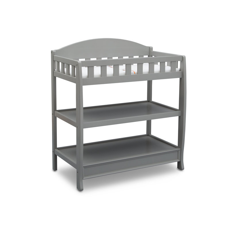 Gray Wooden Changing Table with Safety Strap and Shelves