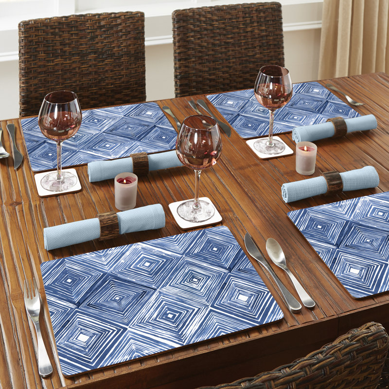 Blue and White Geometric Hardboard Placemats with Cork Backing, Set of 4