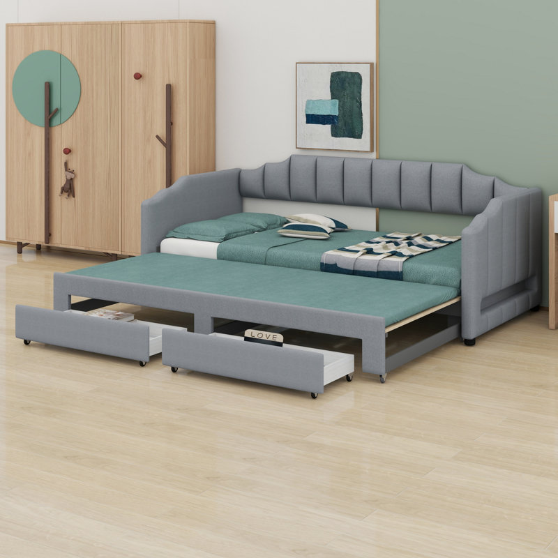Structure de lit de jour moderne extensible rembourrée avec éclairage à DEL et tiroirs de rangement, Gris