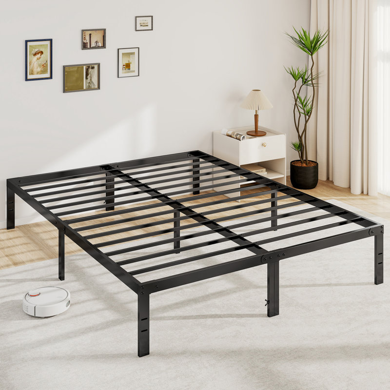 Lutherville 14'' Black Metal Platform Bed Frame With Steel Slat Support, No Box Spring Needed, Queen, 14"