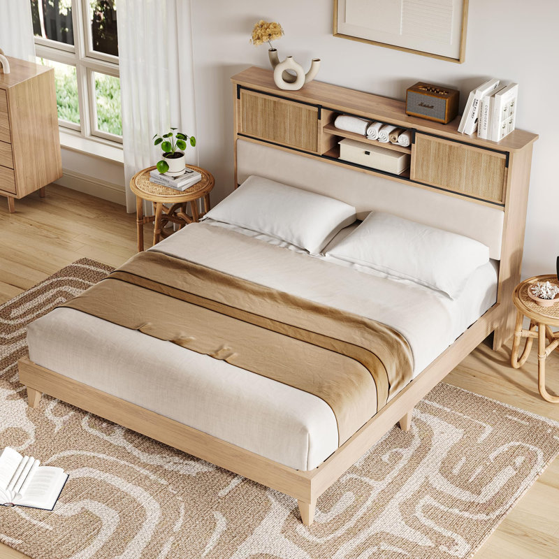 Rattan Full Bed Frame With Sliding Door Shelf Headboard, Bohemian Rattan Bed Frame Full Size With Shelves, Queen