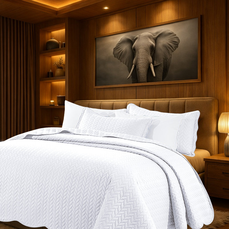 Microfiber Embossed Oversized Bedspread Set With Shams – Modern & Contemporary, Machine Washable, Dust-Resistant, White