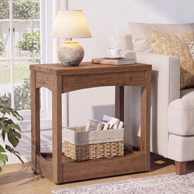 2-Tier Solid Wood End Table, Farmhouse Narrow Rectangle Side Table