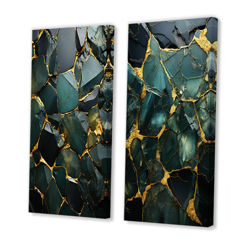 Ensemble de 2 reproductions d'art murales en marbre vert et or, Toile tendue, H 40 po x l 41 po