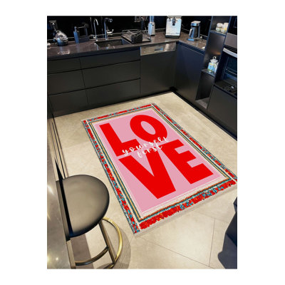 Paris Collection Pink Love Lettering Detail Modern Decorative Machine Washable Rug