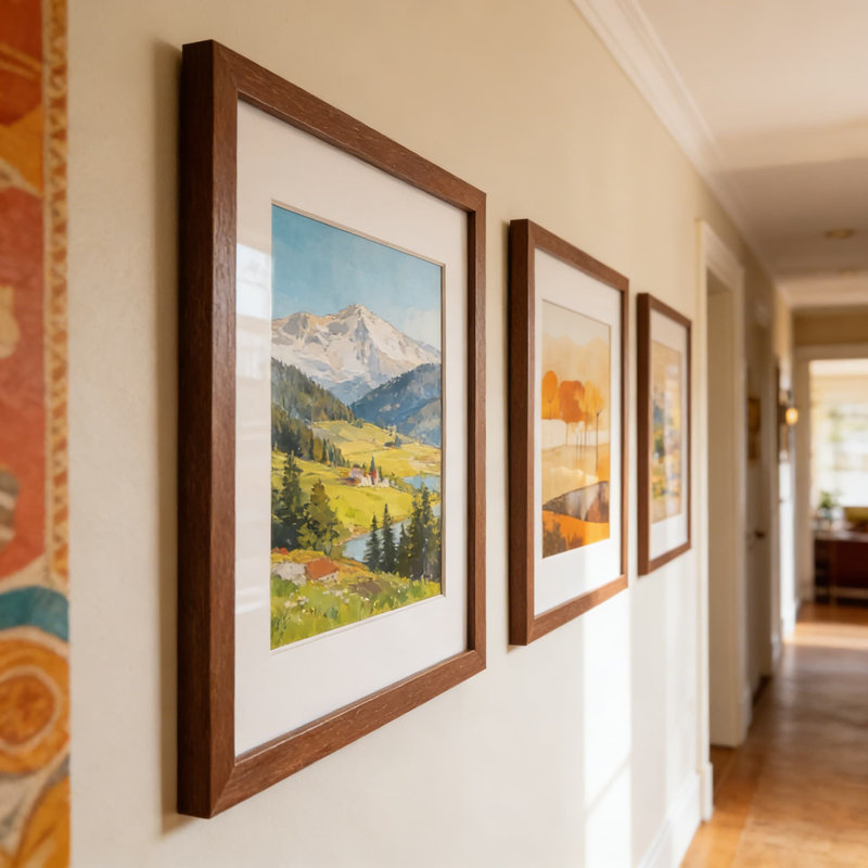 Cadre 6 x 9 avec passe-partout pour photos 4 x 6, ensemble de 3 cadres en bois massif au fini chêne foncé, comprend verre trempé, ensemble de suspension murale et support de table