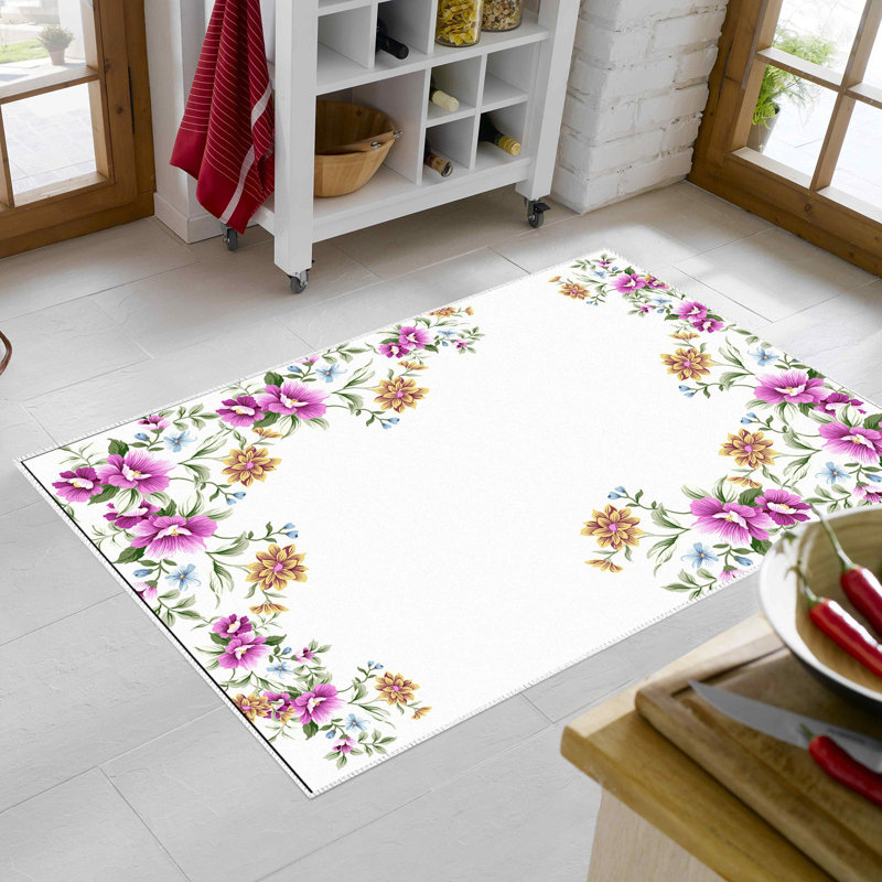 Tapis en polyamide tissé à la machine Elver en ivoire / vert / rose, Rectangle 2 pi 7 po x 4 pi 11 po