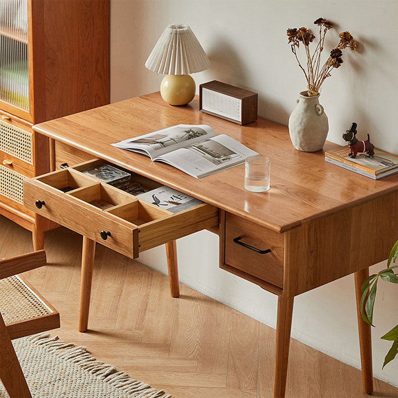 Bureau rectangulaire en bois massif avec 3 tiroirs couleur cerisier, H 29,53 po x l 47,24 po x P 25,59 po