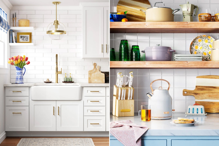 white farmhouse kitchen on the left; open shelving with kitchen essentials on the right
