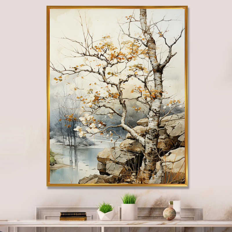«Lozka Beige Grey Tree Sycamore Symphony» sur impression sur toile, H 20 po x l 12 po x P 1 po, Cadre flottant doré