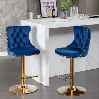 Tabourets de bar pivotants en velours à hauteur réglable de 25 à 33 pouces, base de 17,7 pouces, tabourets de bar rembourrés modernes avec dossier capitonné confortable pour un pub à la maison et un îlot de cuisine, ensemble de 2