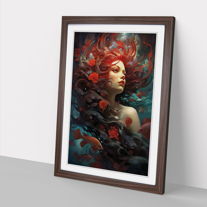 Mermaid Symbolism - Single Picture Frame Print on Wood, Walnut Framed, 64cm H x 46cm W x 2cm D