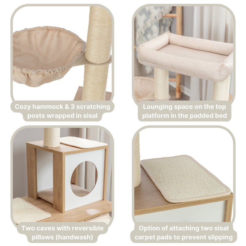 Beige Sisal and Wood Multi-Level Cat Tree with Hammock