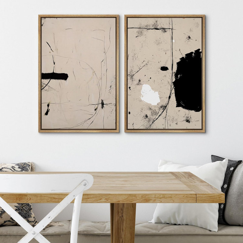 Reproduction d'art moderne minimaliste noir et brun clair Mid Mid Century, Reproduction avec cadre flottant, Naturel
