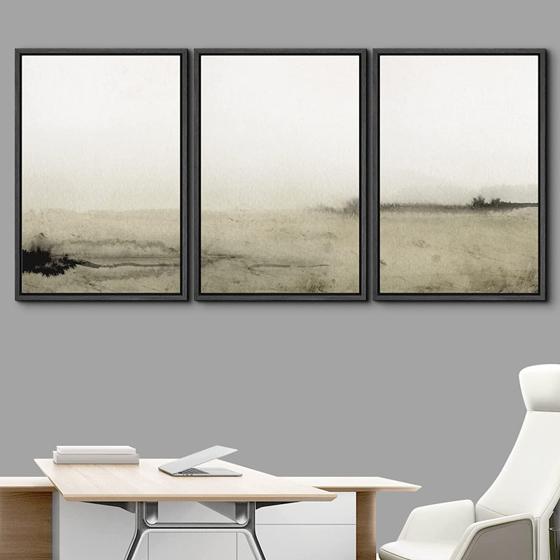 «Minimal Landscape», ensemble de 3 peintures encadrées sur toile, Noir, H 24 po x l 48 po x P 1,5 po