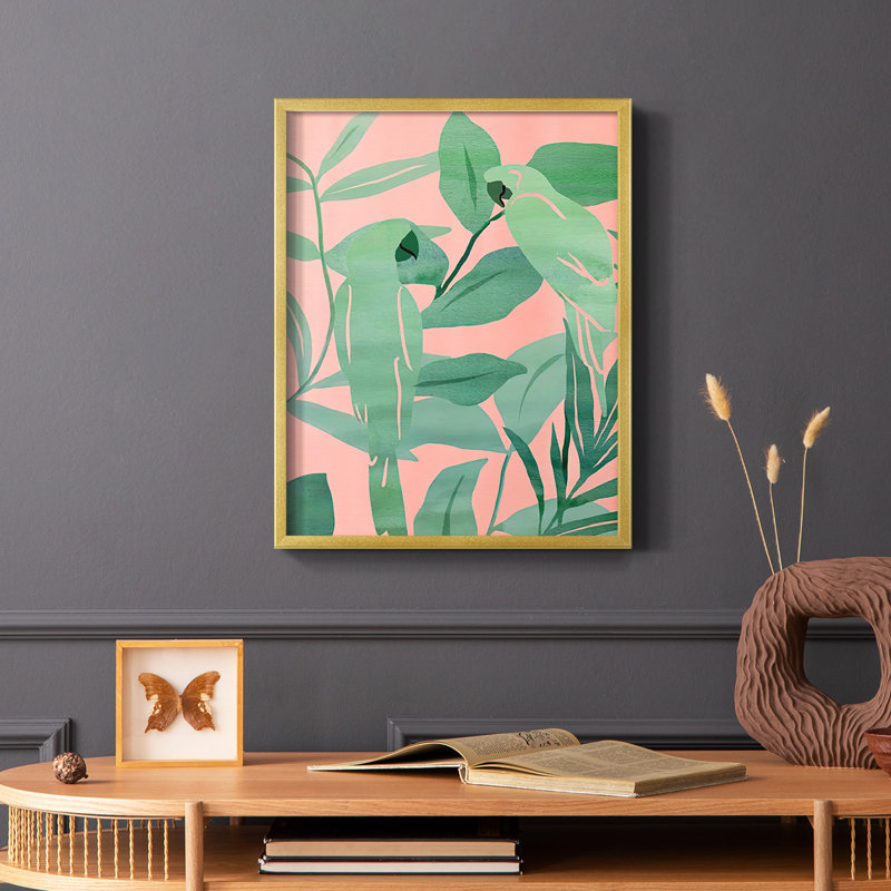 «Pink and Green Birds of Paradise II», reproduction encadrée - bois massif, H 28 po x l 22 po